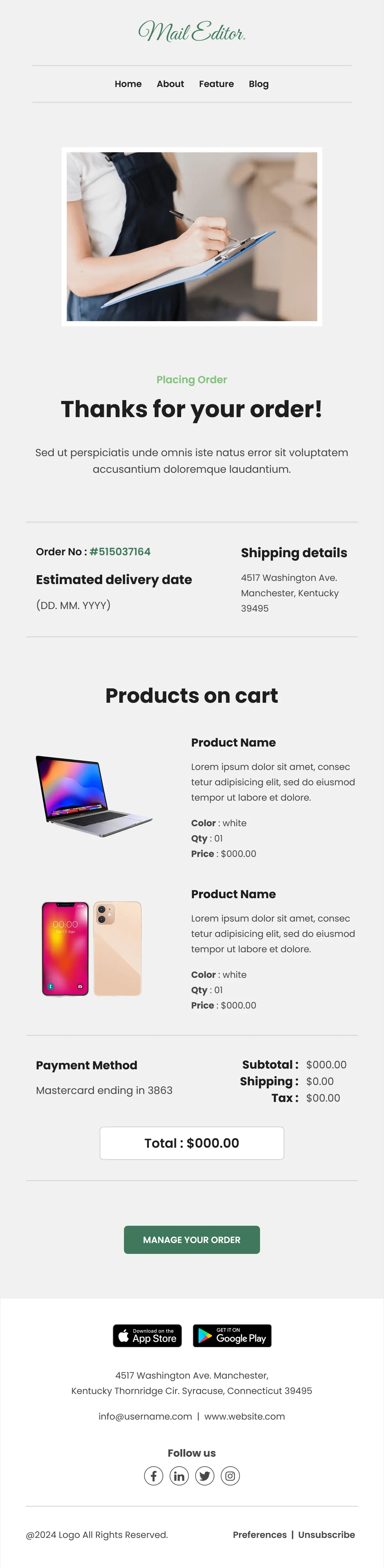 Purchase Receipt Email Template | Maileditor